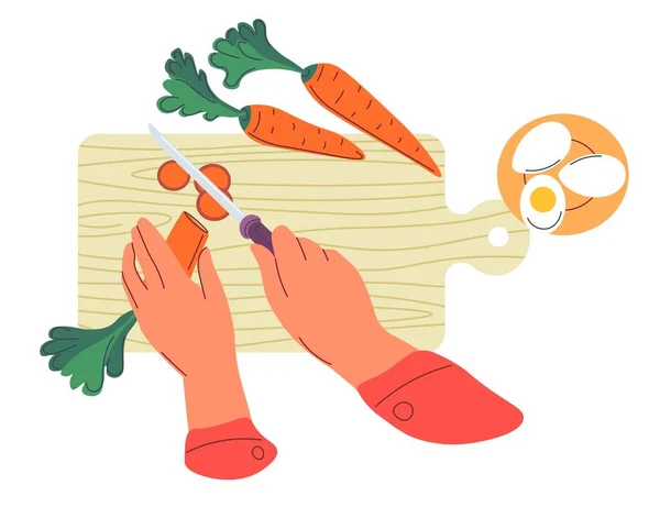 Comida Saludable Ingredientes Menú Manos Aisladas Cortando Zanahorias Preparando Sabroso — Vector de stock
