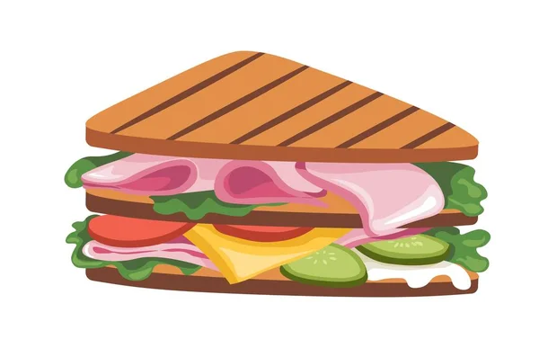 Sandwich Met Geroosterd Gegrild Brood Ham Kaas Plakjes Tomaten Komkommers — Stockvector