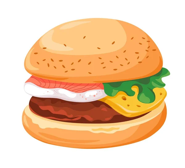 Burger Fastfood Geïsoleerde Sandwich Met Groene Saladebladeren Kaasschijfje Zalm Vleessteak — Stockvector