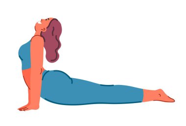 Kobra yoga yapıyor ve vücut ve kasları güçlendiriyor. Spor takım elbiseli yalnız kadınlar, Bhujangasana esneyen kızlar. Sağlık ve sağlık hizmetleri, refah. Düz biçimli vektör