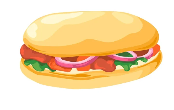 Gyorsétterem Elszigetelt Szendvics Hússal Zöldséggel Hagymakarikák Salátalevelek Izolált Ízletes Snack — Stock Vector