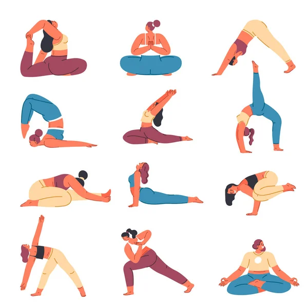 Haciendo Ejercicios Yoga Ejercitando Personaje Femenino Aislado Mostrando Asanas Poses — Archivo Imágenes Vectoriales