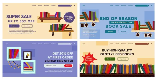 Web Banner Design Set Met Boekhandel Aanbod Landing Pagina Collectie — Stockvector