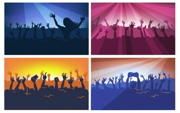 stock vector Silhouette of people dancing and entertaining in crowd by stage. Music concert of party, festival or performance fans taking photos and videos. Spotlights and cheering youth. Vector in flat style