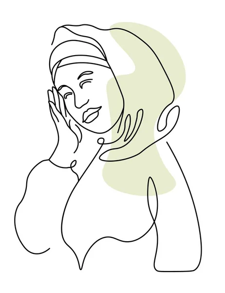 女性の文字の肖像画 孤立した女性の頭をカバーを着て スタイリッシュなヒジャーブ 衣類やアクセサリーのスカーフ部分の女の子 ファッショナブルな女性 モノクロームのスケッチアウトライン 平型ベクトル — ストックベクタ