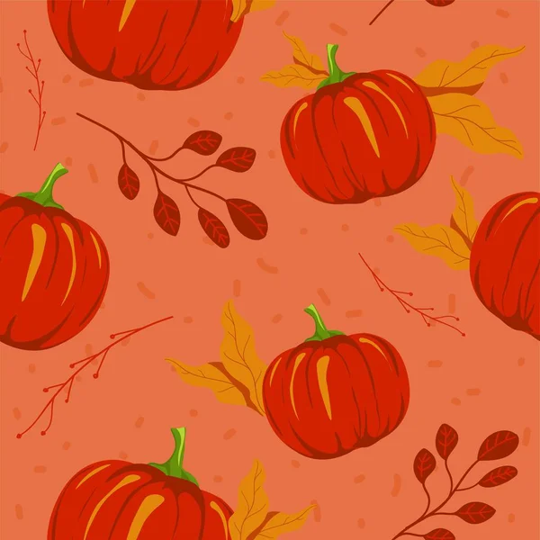季節の紅葉と熟したカボチャ 秋の葉と葉 熟した野菜 農場での収穫と農業プロセス シームレスなパターン 印刷または背景 平型ベクトル — ストックベクタ