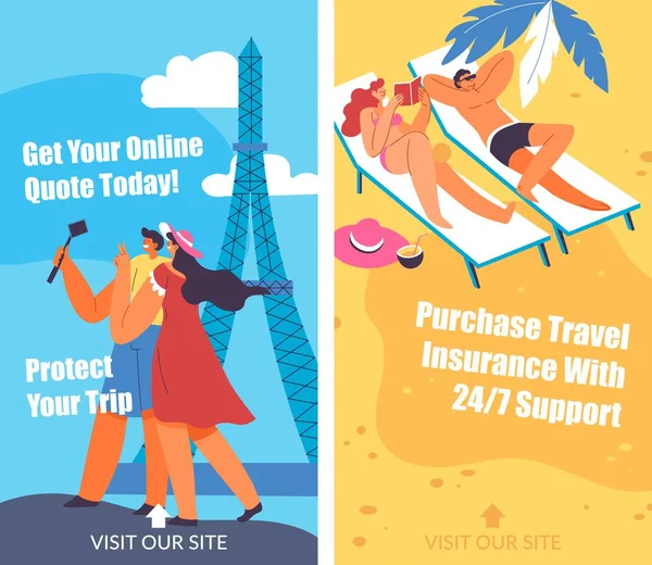 保护你的旅程 并在网上得到今天的报价 购买有保障的旅行保险 愉快地旅行和度假 一对夫妇在海滨 男人和女人在巴黎 访问平面样式的存储向量 — 图库矢量图片
