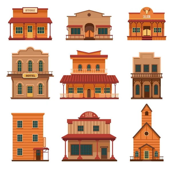 Faépületek Vadnyugati Építészetben Bank Apartman Nappali Kocsma Szálloda Látogatók Utazók — Stock Vector
