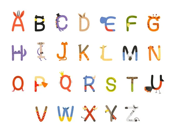 カラフルな動物をコンセプトにしたフォントアルファベットデザイン 野生の哺乳類 ベクトル図で設定された組版要素 自然装飾付きのタイプセット 児童文学のための創造的な手紙 — ストックベクタ