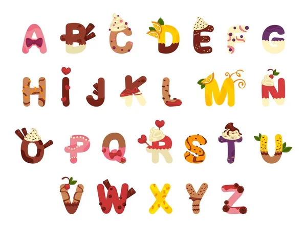 Τυπογραφία Σχεδιασμός Γραμματοσειράς Στοιχεία Επιδορπίου Αλφαβητικός Τύπος Γλυκιά Διακόσμηση Τροφίμων — Διανυσματικό Αρχείο