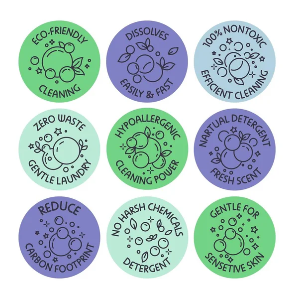 Set Diseño Etiquetas Para Detergente Ropa Colección Etiquetas Redondas Con — Archivo Imágenes Vectoriales