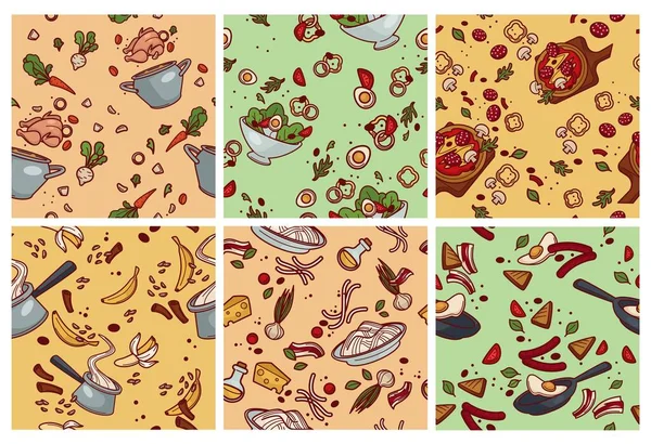 Hintergrunddekoration Mit Essenselementen Flache Nahrungsmittelsammlung Mit Dekorativem Muster Vektorillustration Nahtlose — Stockvektor