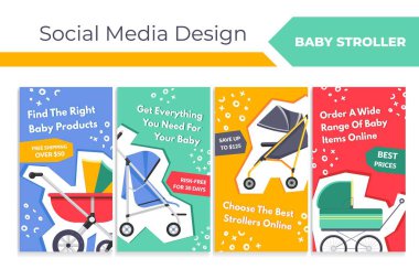 Sosyal medya çevrimiçi bebek arabası satışı için ayarlandı. Renkli web sayfası, çocuk mağazası için hikaye tasarımı koleksiyonu, vektör illüstrasyonu. Düz bebek arabalı internet mağazası için özel teklif