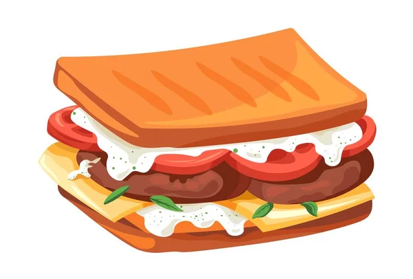 Σνακ Ψητό Ψωμί Σάλτσα Λαχανικών Και Κρέας Απομονωμένο Νόστιμο Σάντουιτς — Διανυσματικό Αρχείο