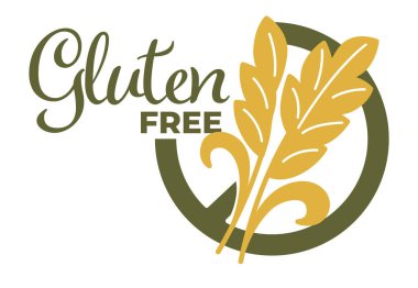 Organik heallthy gıda ürünleri logo tasarımı üzerinde beyaz izole Ücretsiz Gluten. Hamur zararlı maddeler vektör çizim buğday ve yazılı metin logo, beslenme pişirme ile düz stilde olmadan