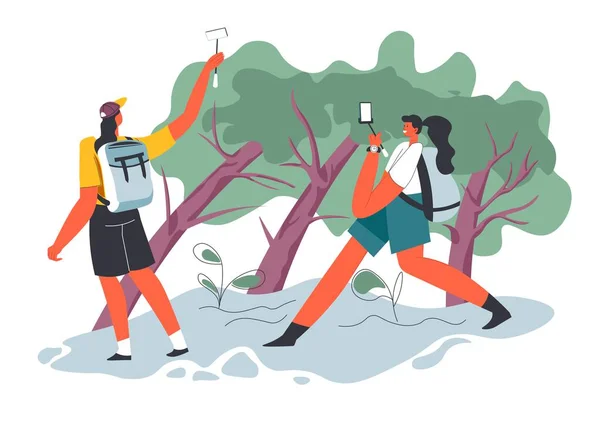 Жіночі Персонажі Подорожують Досліджують Природу Ліси Парки Жінки Беруть Селфі — стоковий вектор