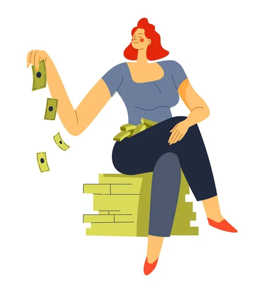 Female Character Enjoying Richness Wealth Isolated Personage Sitting Pile Money — Stock Vector