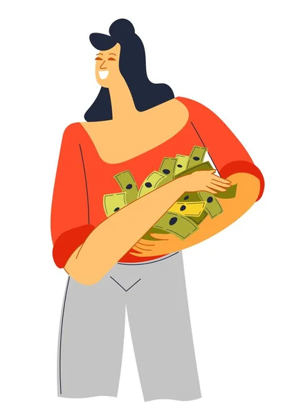 Woman Holding Pile Banknotes Isolated Wealthy Personage Smile Face Rich — Stock Vector