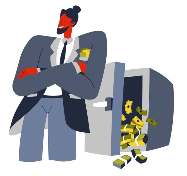 Homme Affaires Riche Détenant Argent Dans Une Boîte Forte Personnage — Image vectorielle
