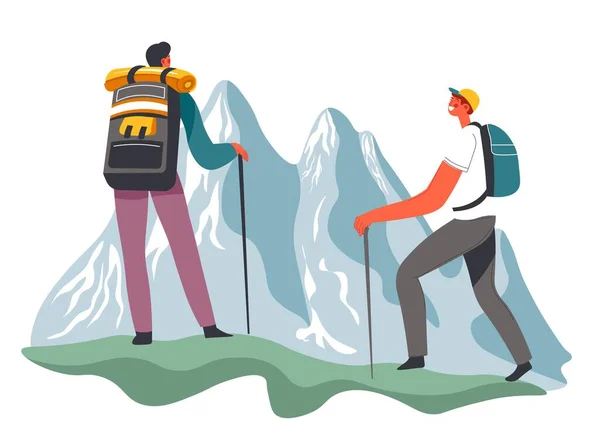 山の中での旅やハイキング バックパック付きの男性キャラクターや自然や崖の美しさを楽しむ特別な棒 登山趣味 登山やトレッキングクライマー 平型ベクトル — ストックベクタ