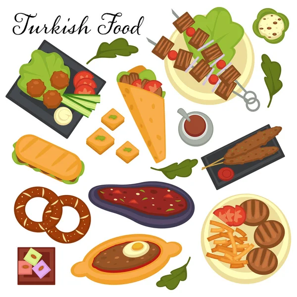 Collection Turkish Cuisine Dishes Dinner Lunch Meals Made Vegetables Meat — Stock Vector