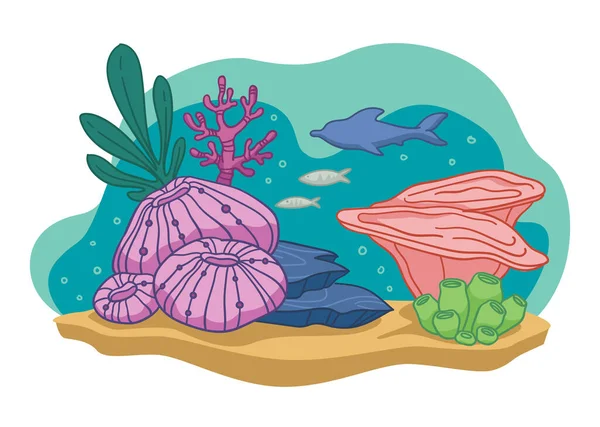 생물의 식물상 동물상 아쿠아리움이나 바닥이요 산호초와 이색적 물고기 마리나 모래사장 — 스톡 벡터