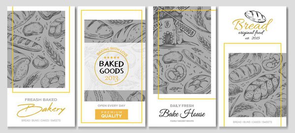 Stylish advertising of bakery products, vector illustration. Banner lettering baking with love open every day. Fashion badge bread original food. Creative label fresh baked bread, sketch.