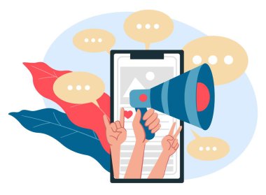 Sosyal medya ve ağlarda pazarlama ve satış ürünleri. Megafonu ve elleri olan akıllı telefon ekranı. Etkilenen kişi hakkında beğeni ve hesap sayfası. Ağ ve ticarette terfi. Düz biçimli vektör