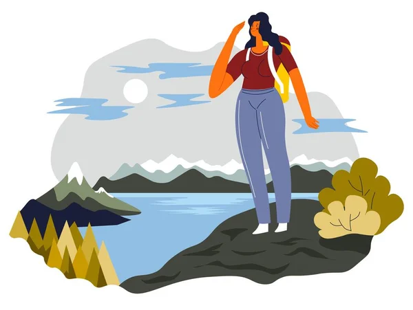 Personaje Femenino Pie Cima Montaña Mirando Las Montañas Lago Estanque — Vector de stock