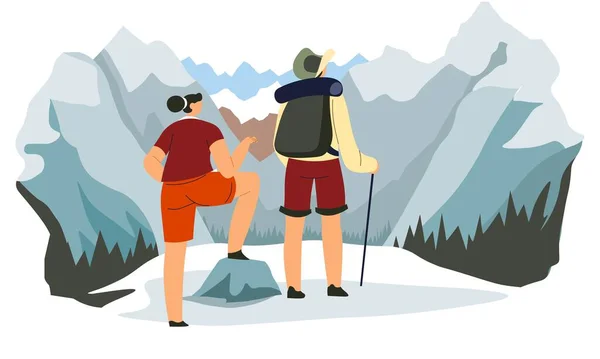 Homme Femme Expédition Debout Sur Sommet Montagne Couvert Neige Activités — Image vectorielle