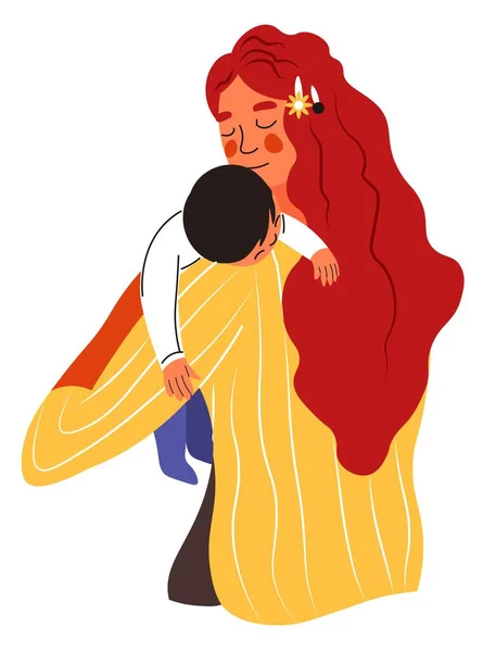 母親と子供 家族の日常生活 眠っている幼児を肩に抱えている孤立した母親 ママの腕の中で子供を休ませて 幸せと抱擁 子供の世話をする 平型ベクトル — ストックベクタ