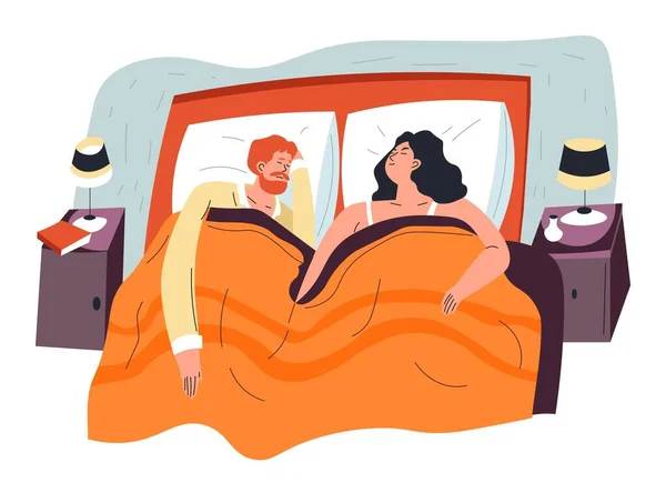 Vilande Par Sover Sängen Täckt Med Filt Man Och Kvinna — Stock vektor