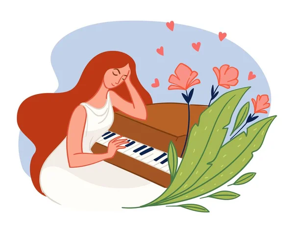 Elegante Terna Senhora Tocando Piano Canções Melodias Femininas Estudar Instrumento — Vetor de Stock