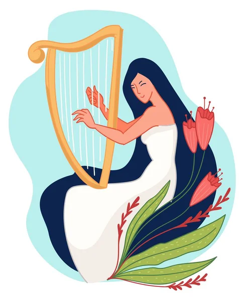 Žena Hrající Harfu Harfistka Smyčcovým Hudebním Nástrojem Dáma Cvičí Nebo — Stockový vektor