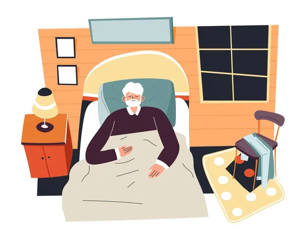 Öreg Hálószobában Pihen Ember Otthon Alszik Nagyapa Szobájának Belseje Éjjeliszekrény — Stock Vector