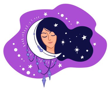 Hilal ve yıldızlarla uyuyan, gözleri kapalı bir kadın karakter. Astronomi ve astroloji, okült ve cadılık. Parlayan gök cisimleri ve mücevherleriyle meditasyon yapan kız. Düz biçimli vektör