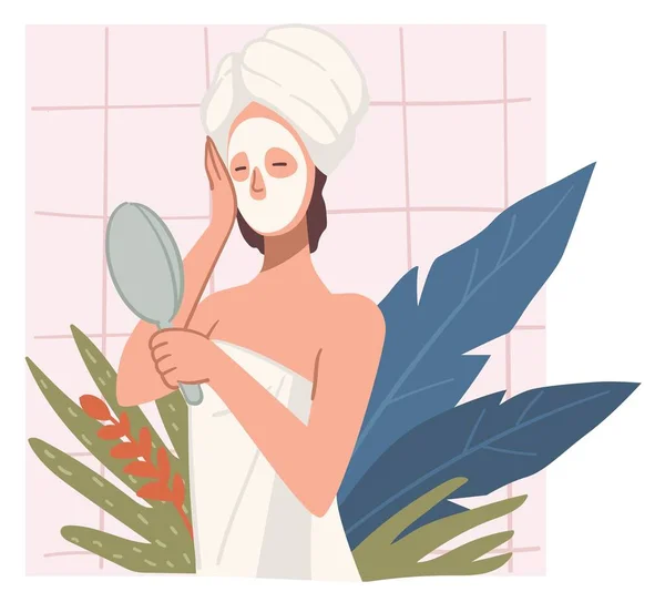 Caractère Féminin Appliquant Masque Argile Pour Traitement Les Soins Visage — Image vectorielle