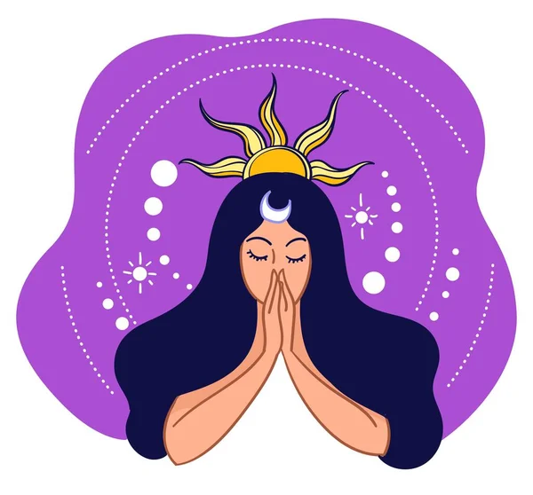 Magic Witchcraft Woman Crescent Moon Sun Symbol Head Meditating Lady — Stock Vector