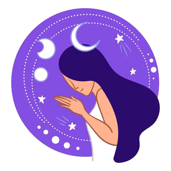 三日月と満月と星に囲まれた女性 長い髪の隔離された人 月の輝きを持つブルネット 魔術と占星術の知識 ボヘミアと精神的 平型ベクトル — ストックベクタ