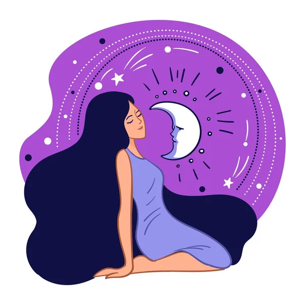 stock vector Shining moon and stars, space and galaxy exploration. Woman wearing elegant long dress sitting by night sky. Fantasy and dreaming, witchcraft and occult knowledge of lady. Vector in flat style