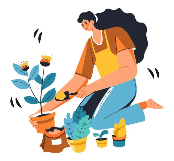 Γυναικείος Χαρακτήρας Που Καλλιεργεί Φυτά Από Σπόρους Γυναίκες Κηπουρική Και — Διανυσματικό Αρχείο