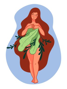 Doğal güzellik ve saflık, çıplak kadın bedeni gür yapraklarla kaplıyor ve çiçek açıyor. Doğa ve organik giysiler, bitkilerle çevrili manken kız. Dekoratif yaprak. Düz biçimli vektör