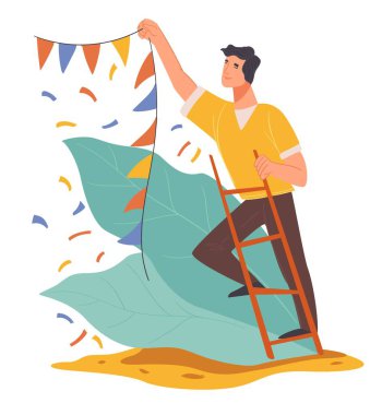 Erkek doğum günü partisi ya da özel bir etkinlik için hazırlık yapıyor. Küçük renkli bayraklar ya da kurdelelerle merdiven üzerinde duran erkek karakter. Tatil için kişisel dekorasyon. Düz biçimli vektör