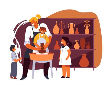 Çömlekçilik sınıfındaki çocuklar elleriyle kil figürler ve şekiller yaratıyorlar. Çocuklara dönme dolap kullanmayı öğreten bir kadın. Çocuk için sanat ve ustalık dersi. Hobi ve aktiviteler. Düz biçimli vektör