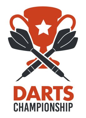Maçı kazanmak için zafer kupası, ödüllü ve yıldızlı dart şampiyonası afişi. İzole edilmiş bir ikon ya da spor başarıları için bir rozet. Eğlence, eğlence, hobi ve eğlence. Düz vektör