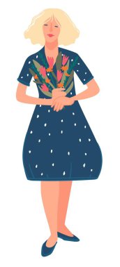 Elinde çiçek buketi olan kadın karakter özel bir günde ya da tatilde sunuluyor. Çiçek açan çiçekli kız puantiyeli kız elbisesi giyiyor. Kadınlar günü kutlaması. Düz biçimli vektör