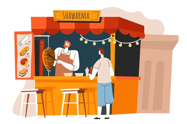 Uomo Che Ordina Shawarma Chiosco Chiosco Dello Street Food Venditore — Vettoriale Stock