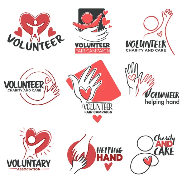 Волонтерство Допомога Пожертвування Збір Коштів Волонтерські Знаки Знаки Руками Серцями — стоковий вектор