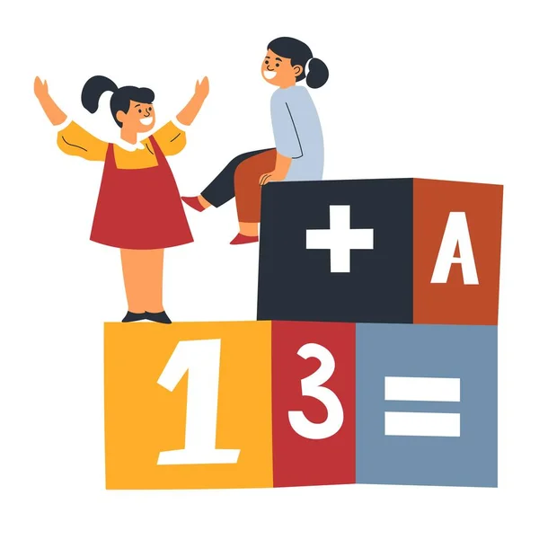 Kinder Die Lernspiele Spielen Lernen Mathe Probleme Lösen Mädchen Die — Stockvektor