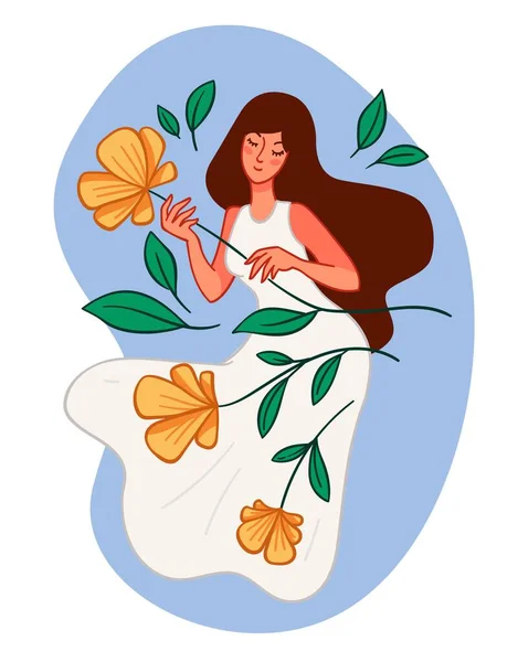 Женщина Длинными Волосами Элегантном Платье Держа Цветы Цвету Элегантный Персонаж — стоковый вектор